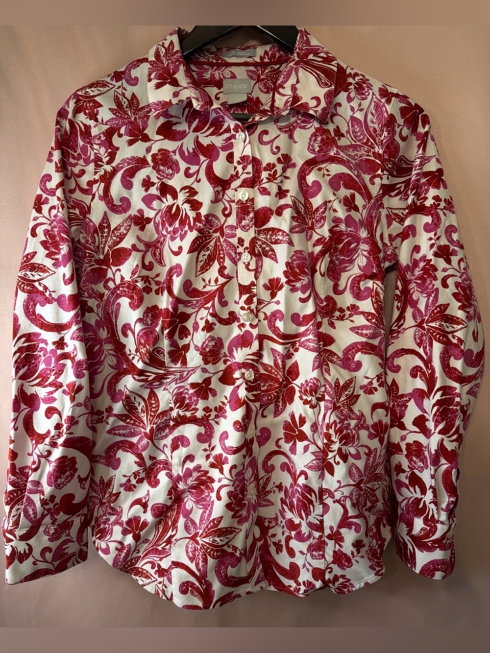 Chico's White and Red Floral Button-Down Shirt